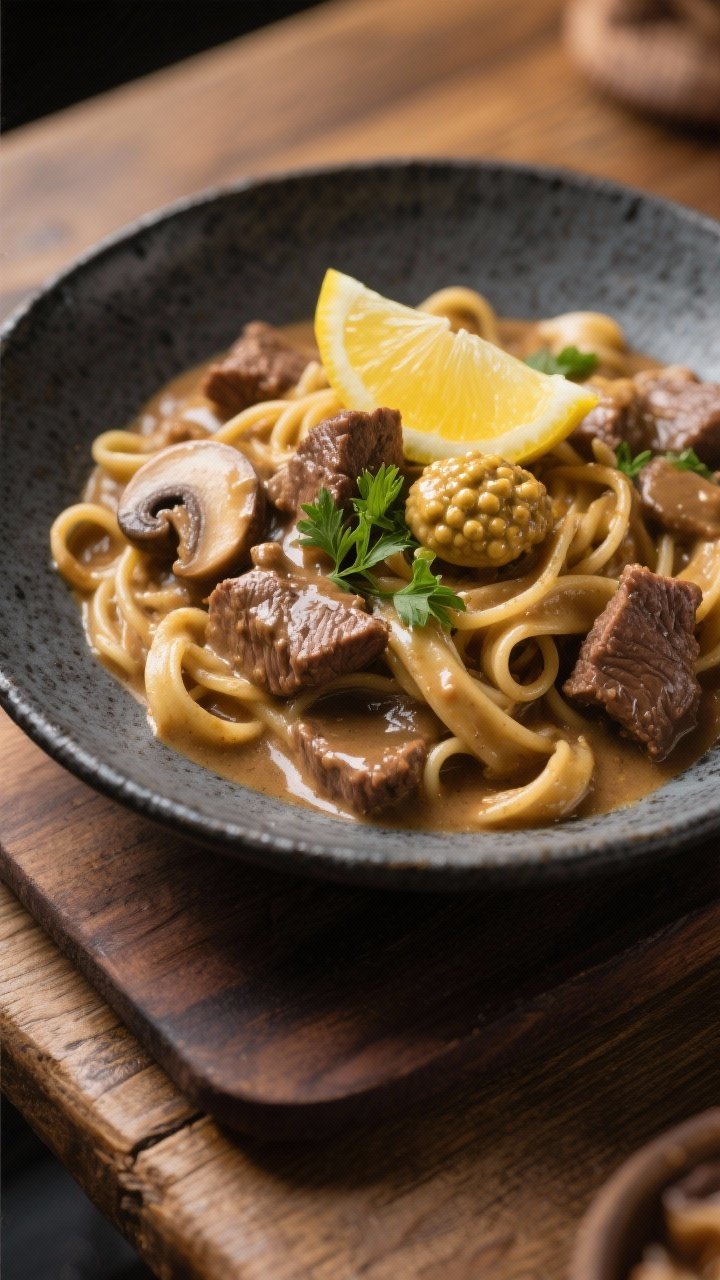 Final dish presentation: Restaurant-quality plate of crockpot beef stroganoff with noodles folded in