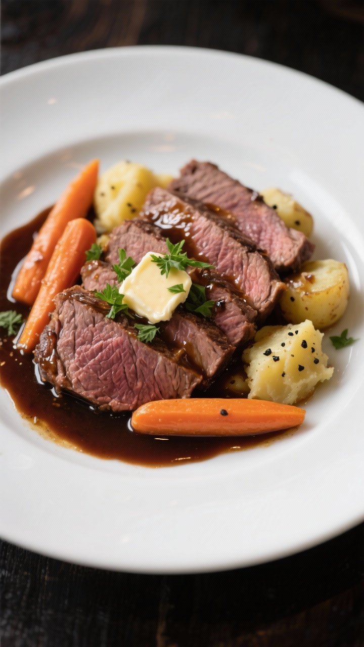 Final dish presentation: Restaurant-quality plate of sliced pot roast with carrots and smashed baby 