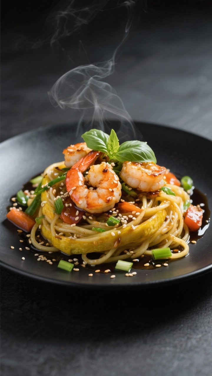 Final dish presentation: Restaurant-quality plate of Sesame Shrimp variation—plump, seared shrimp