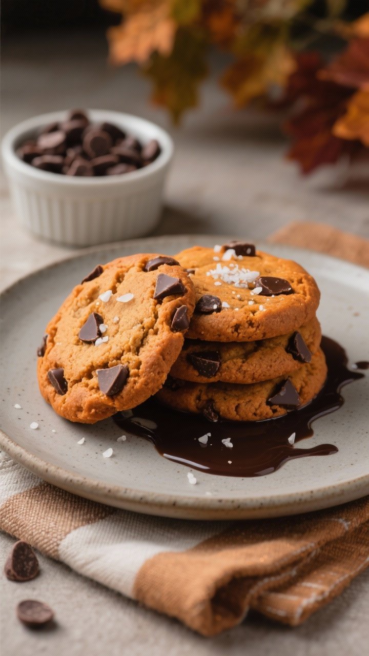 Final dish presentation: Restaurant-quality plate of pumpkin chocolate chip cookies stacked casually