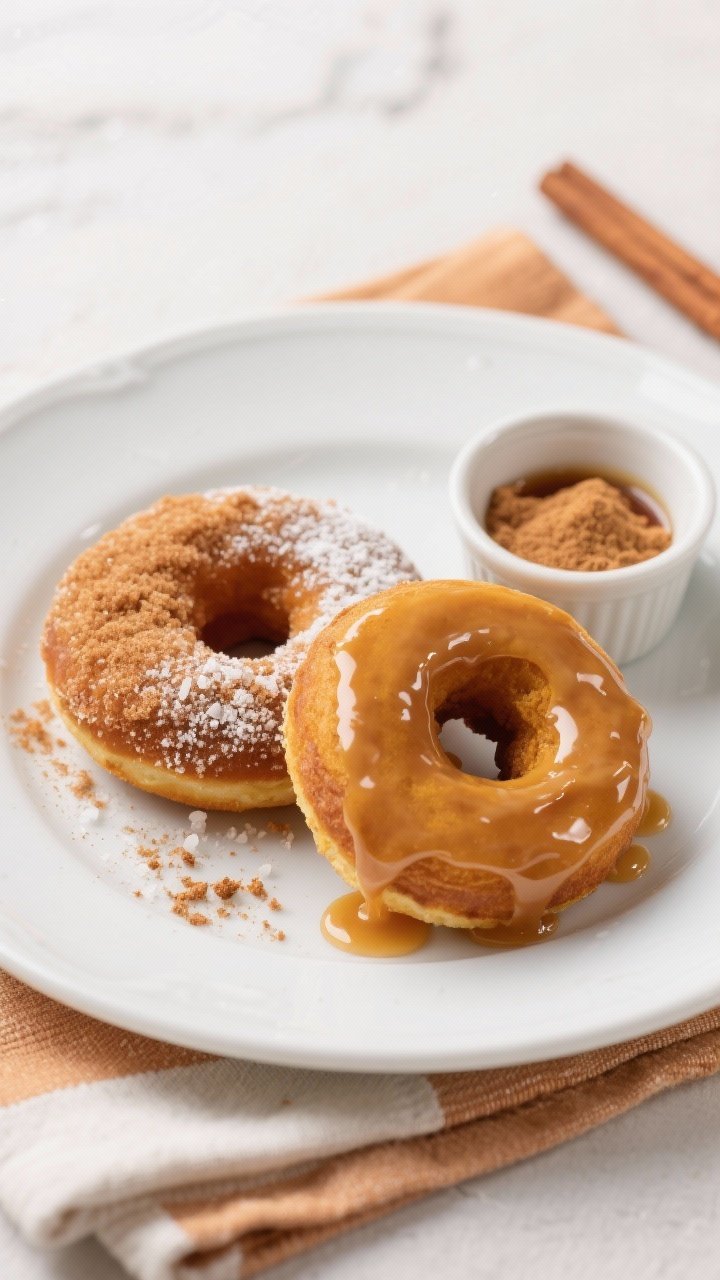 Final dish presentation: Restaurant-quality plate of pumpkin donuts half in cinnamon-sugar and half 