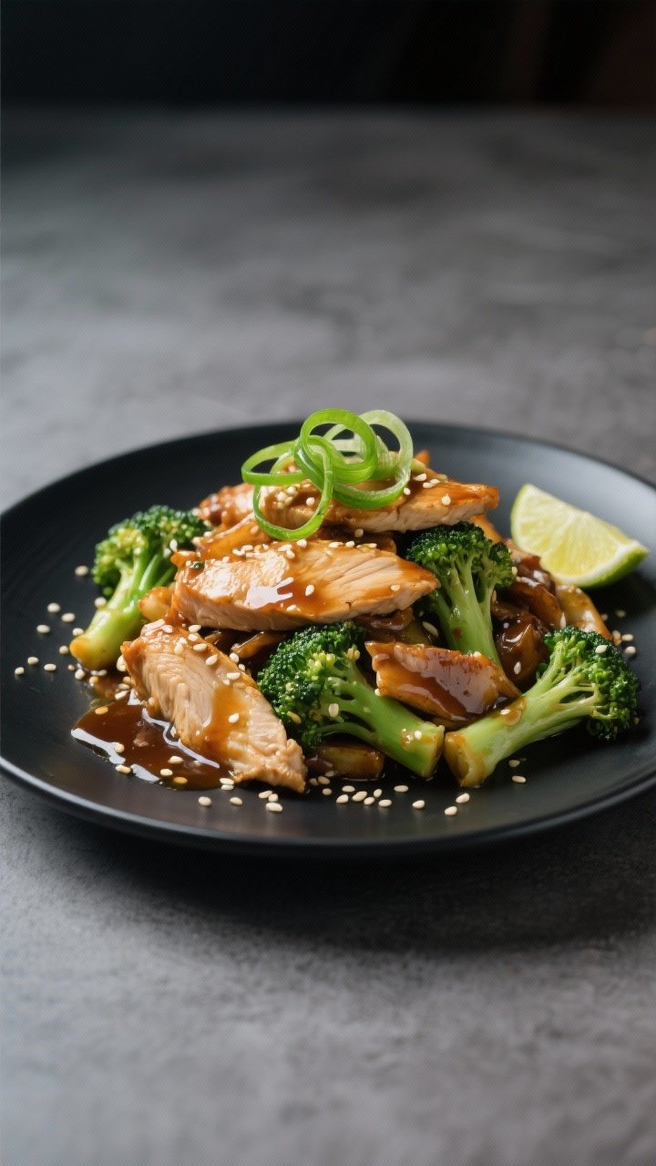 Final dish presentation: Restaurant-quality plate-up of the stir fry (no rice) on a matte black plat