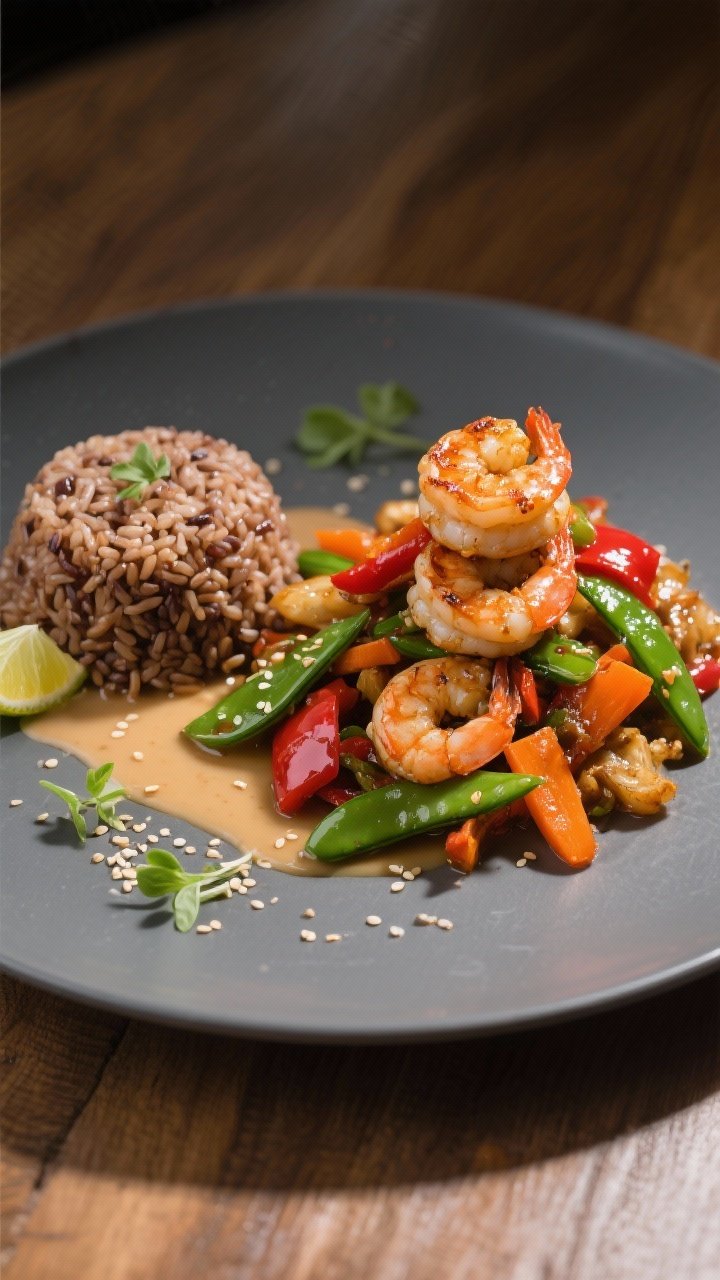 Final dish presentation: Restaurant-quality plate of shrimp stir-fry with brown rice molded into a n