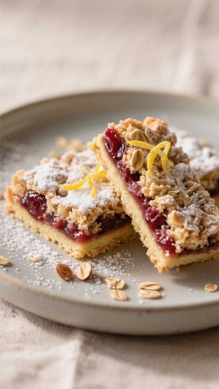 Final dish presentation: Restaurant-quality plate-up of neatly sliced cherry crumple bars with ultra