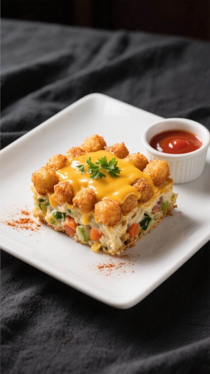 Final dish presentation: Restaurant-quality plated square of tater tot casserole on a matte white pl