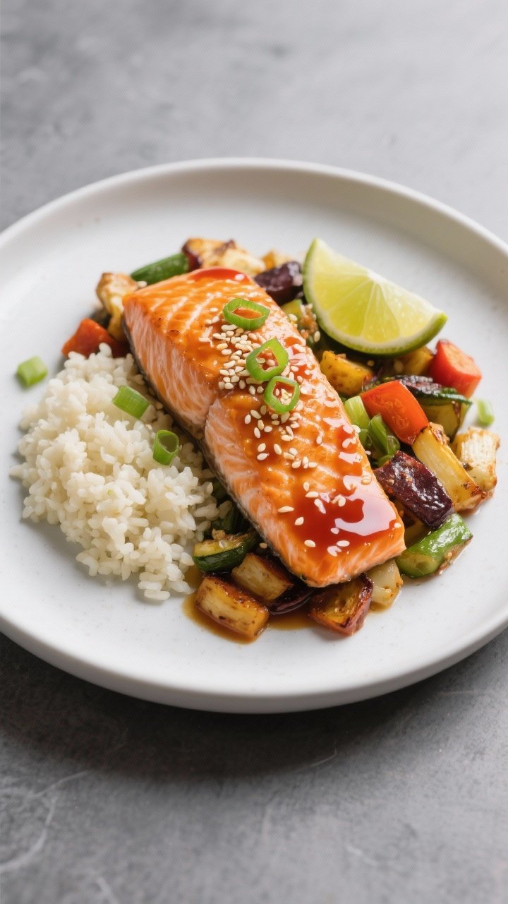 Final dish presentation: Restaurant-quality plated Honey Sriracha Salmon meal-prep portion—one gli