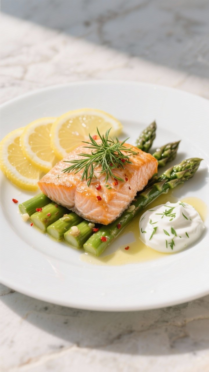 Final dish presentation: Restaurant-quality plated Lemon Dill Salmon with asparagus on a matte white