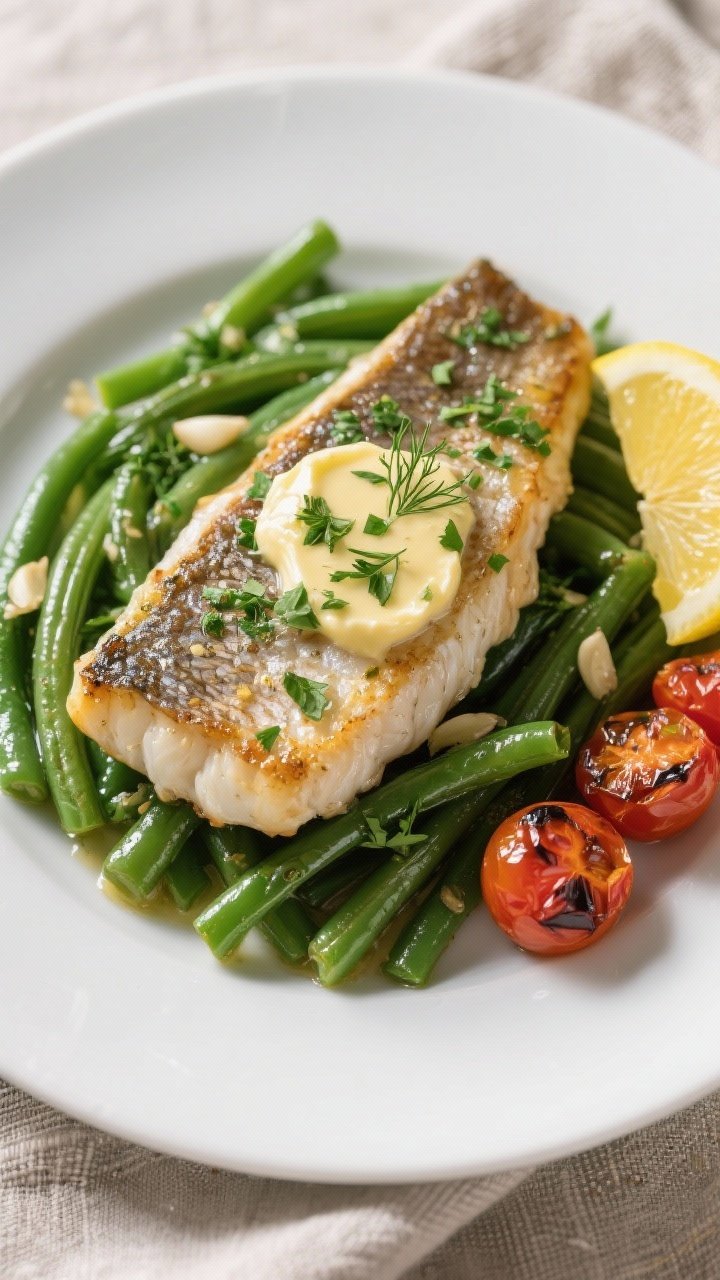 Final dish presentation: Restaurant-quality plated Garlic Herb Tilapia and Green Beans, one fillet a