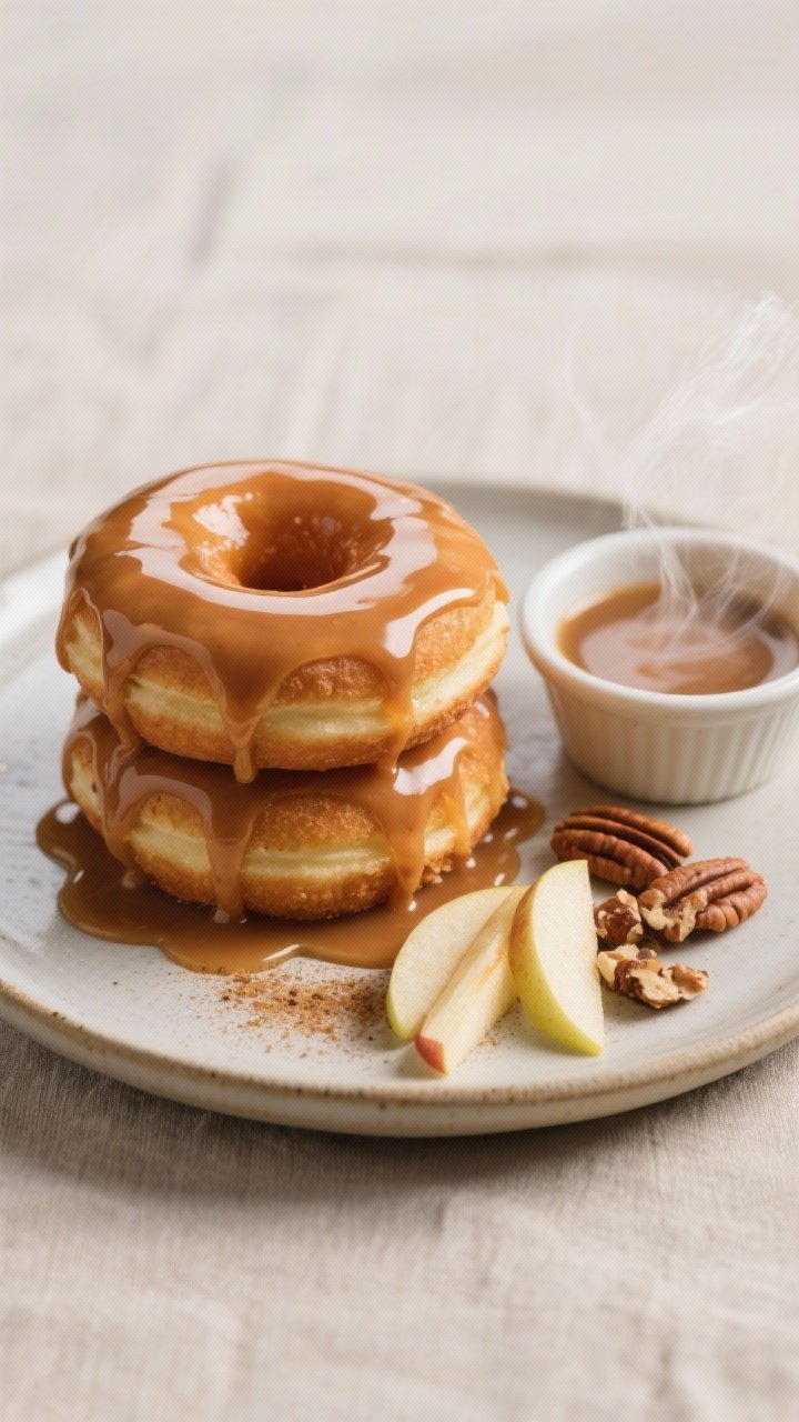 Final dish presentation: Restaurant-quality plated apple donuts with a glossy double-dipped maple–
