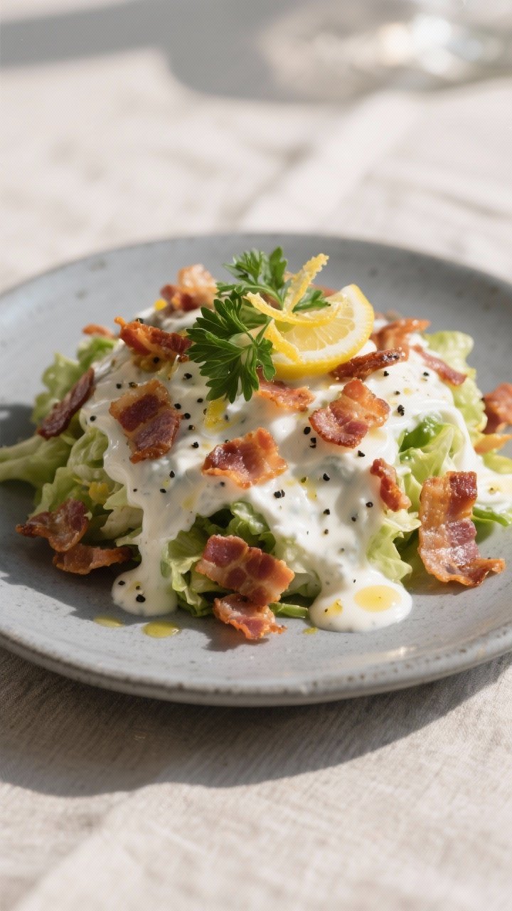 Final dish presentation: Restaurant-quality plated portion of the salad mounded on a cool gray ceram