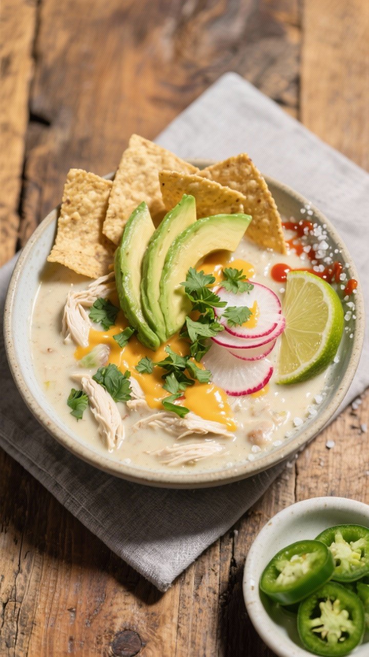 Final dish presentation: Restaurant-quality plated bowl of white chicken chili styled for serving—