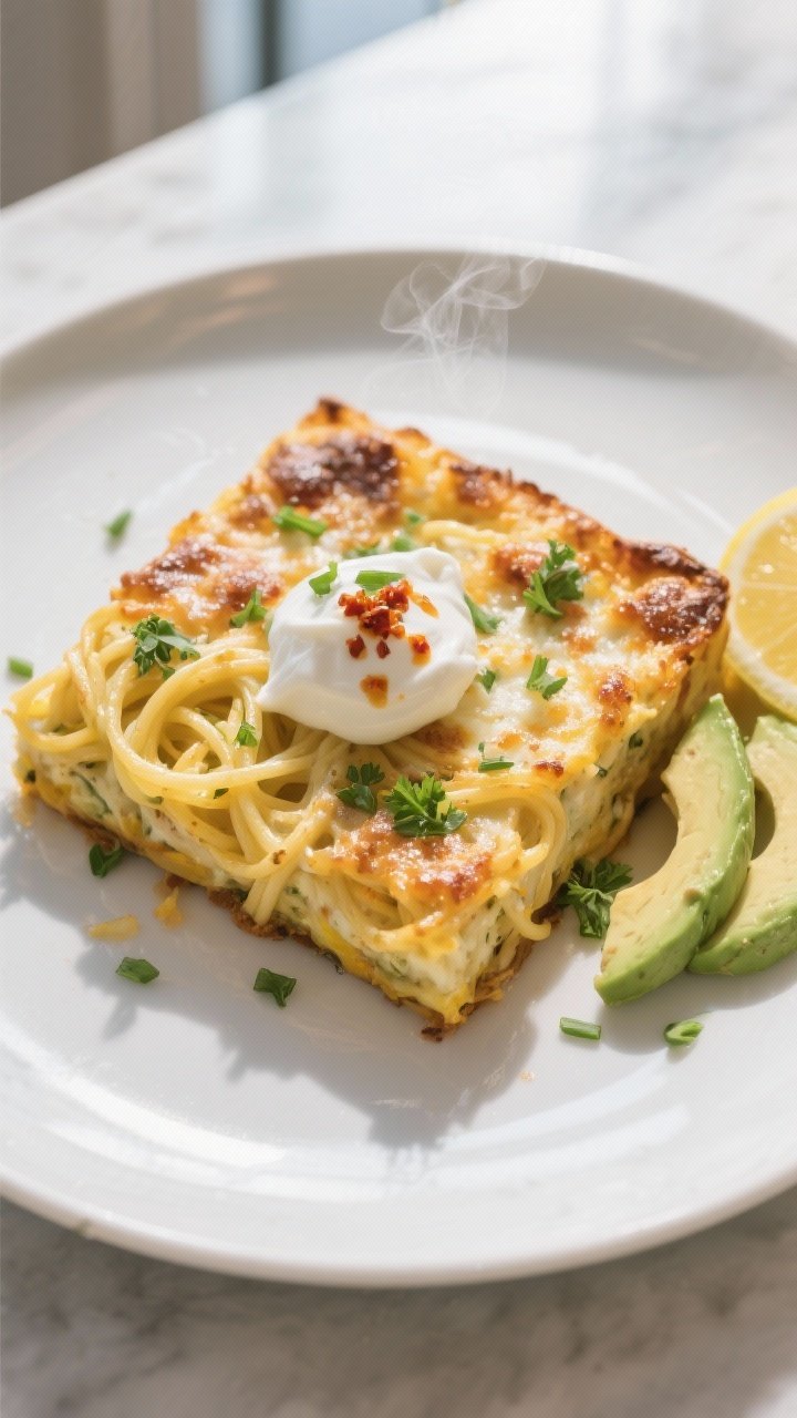 Final dish presentation: Restaurant-quality plated square of the Breakfast Spaghetti Squash Bake on 