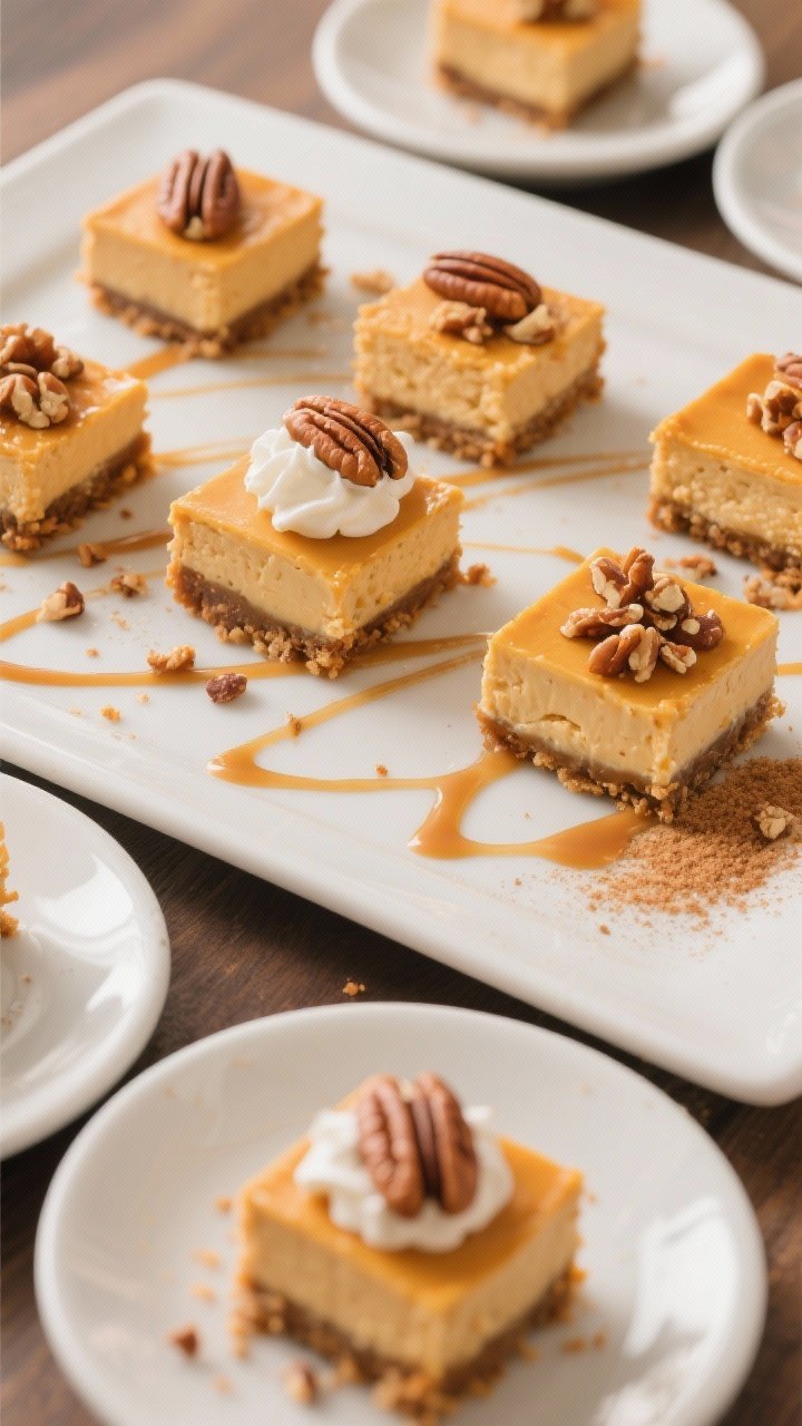 Final dish presentation: Restaurant-quality plated pumpkin cheesecake bars cut into neat squares wit