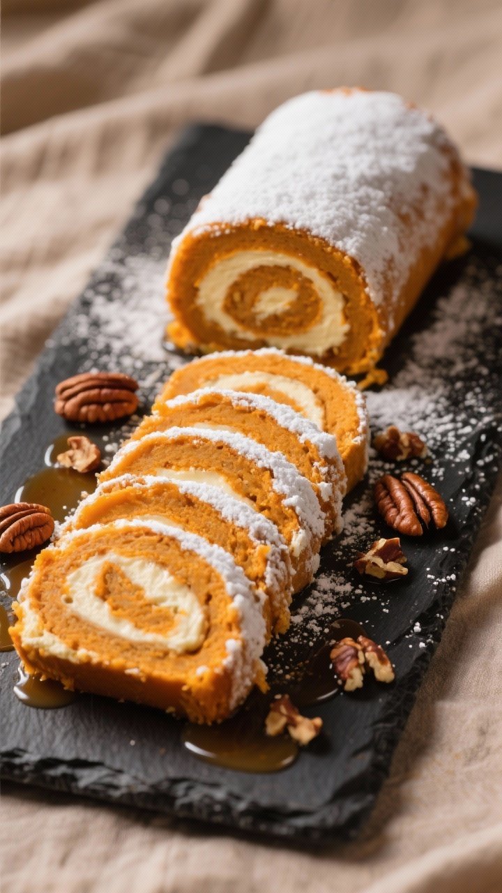 Final dish presentation: Restaurant-quality plated pumpkin roll slices arranged in a slight fan on a