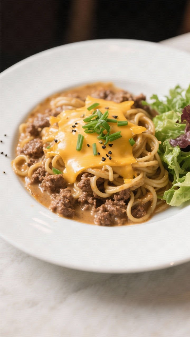 Final dish presentation: Restaurant-quality plated serving of creamy ground beef noodle casserole on