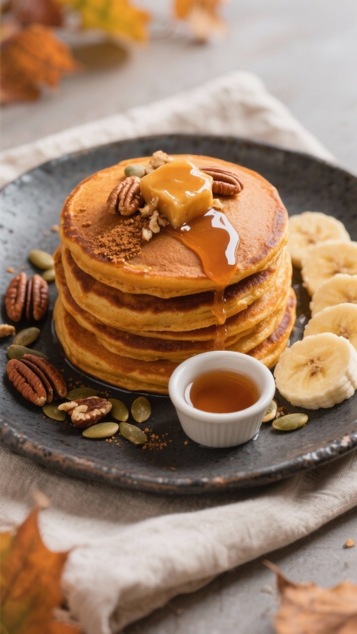 Final dish presentation: Restaurant-quality plating of “brown butter” pumpkin pancakes stacked h