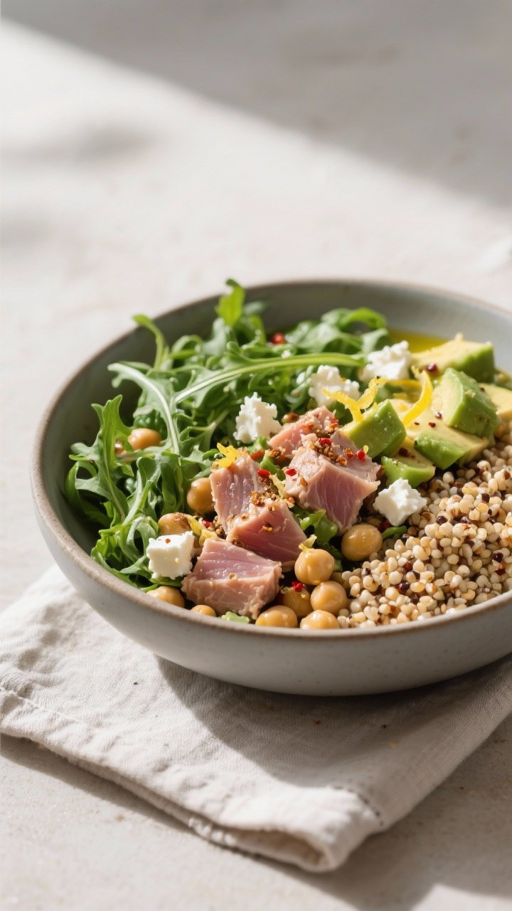 Final dish presentation: Restaurant-quality plating of the Tuna and Chickpea Salad served as a post-