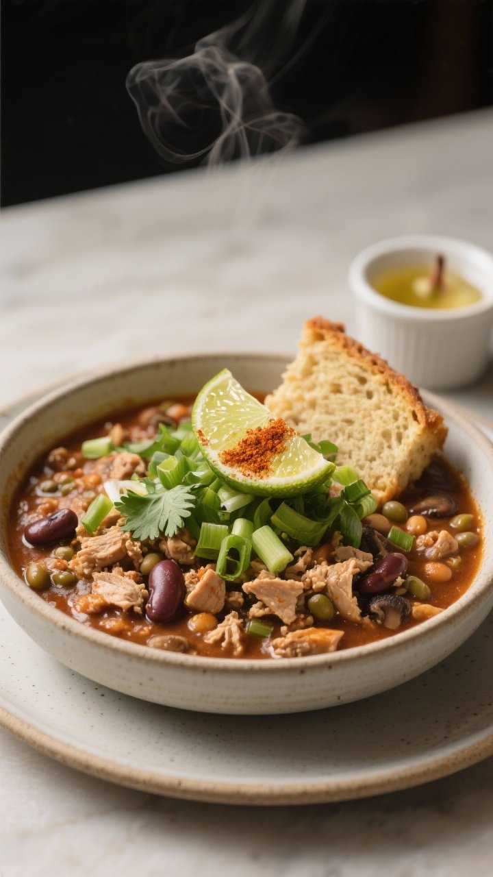 Final dish presentation: Restaurant-quality plating of the award-winning healthy chili in a shallow 