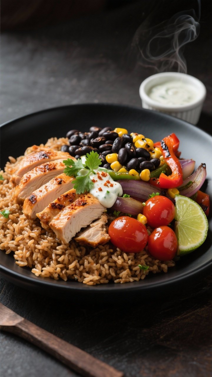 Final dish presentation: Restaurant-style plated Southwest Chicken and Black Bean bowl on a matte bl