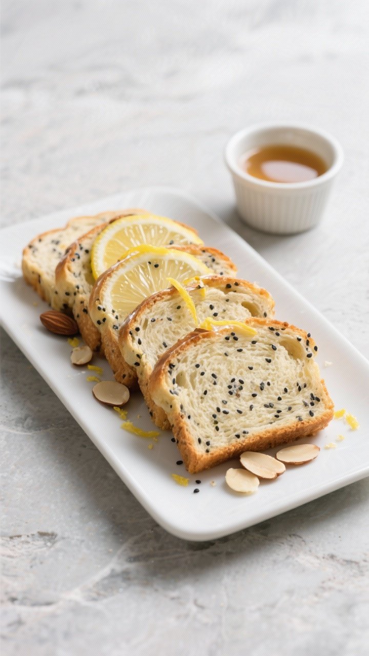 Final dish presentation: Sliced lemon poppy seed protein bread arranged slightly fanned on a matte w