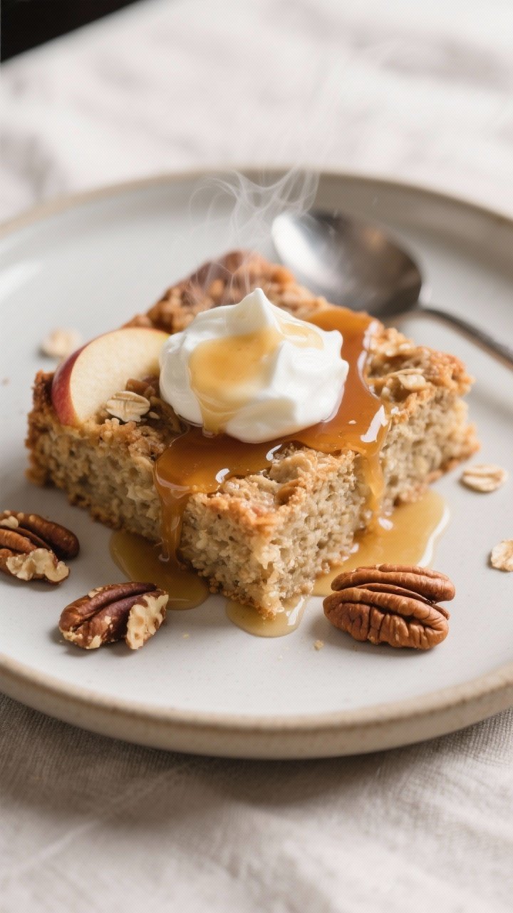 Final dish presentation: Stylish cafe-style plate with a neatly sliced square of apple cinnamon oatm
