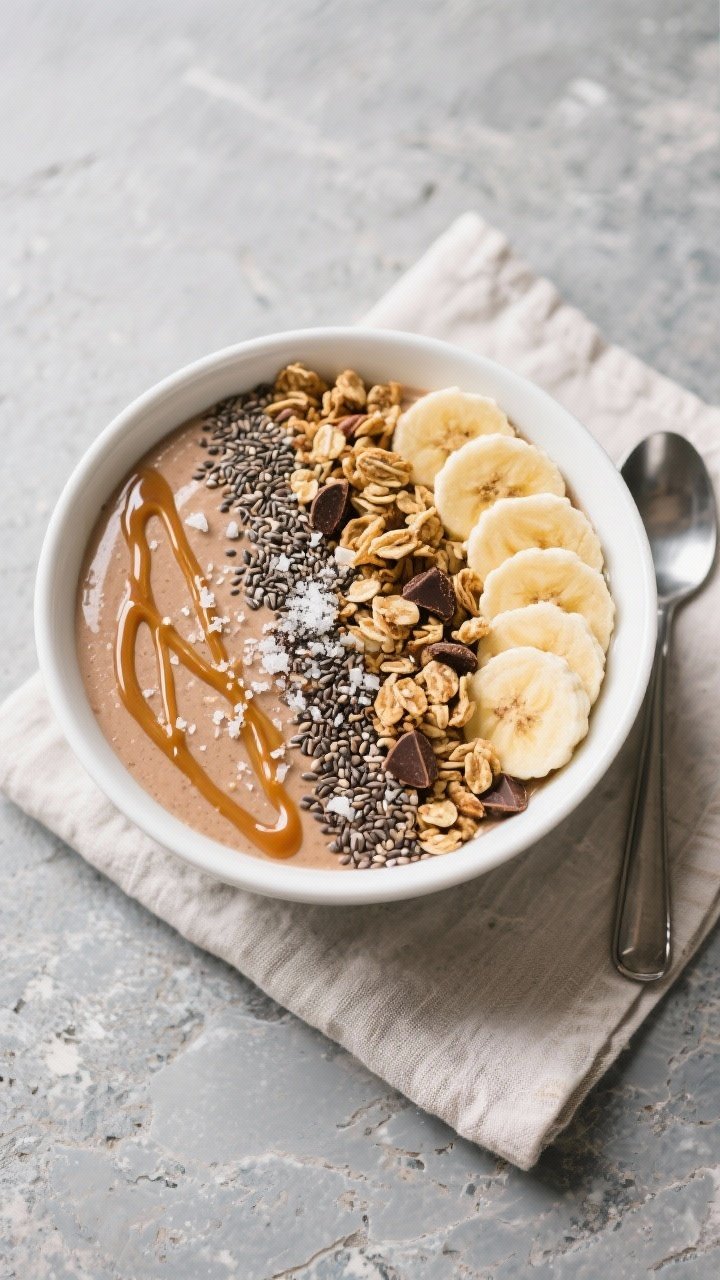 Final dish presentation: Tasty of a fully topped Salted Caramel Protein Smoothie Bowl styled sundae-