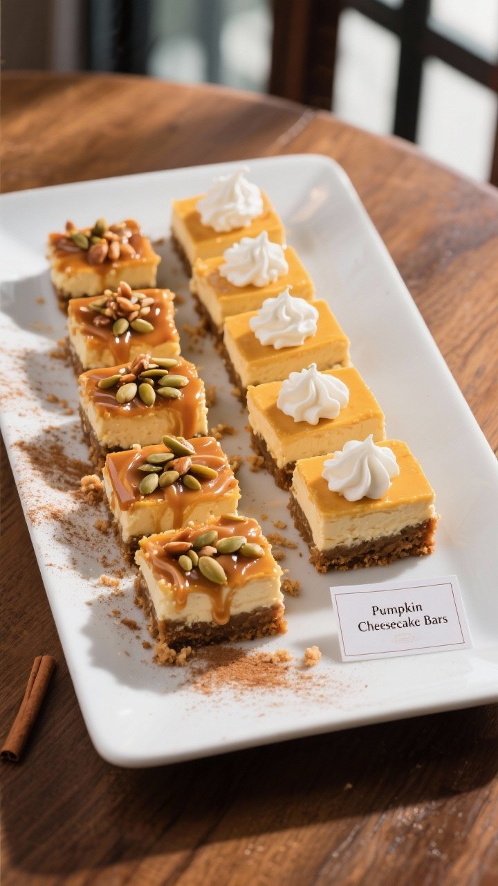 Final dish presentation: Tasty of a neatly arranged platter of pumpkin cheesecake bars cut into unif