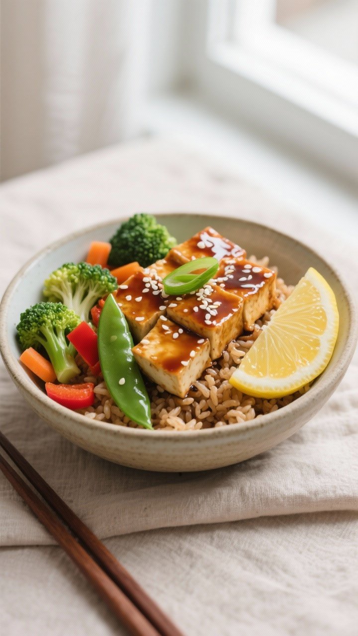 Final dish presentation: Teriyaki Tofu and Veggie Bowl plated in a wide, shallow ceramic bowl over f