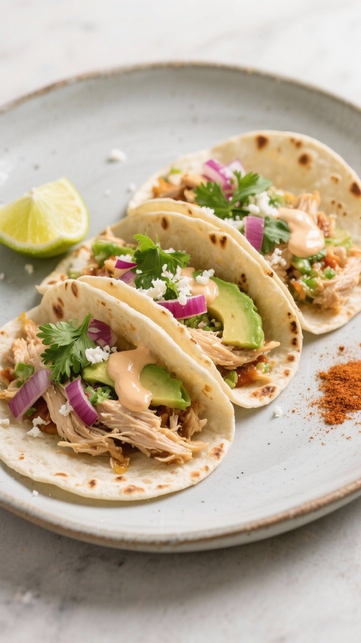 Final dish presentation: Three assembled crockpot chicken tacos on a matte ceramic plate—tortillas