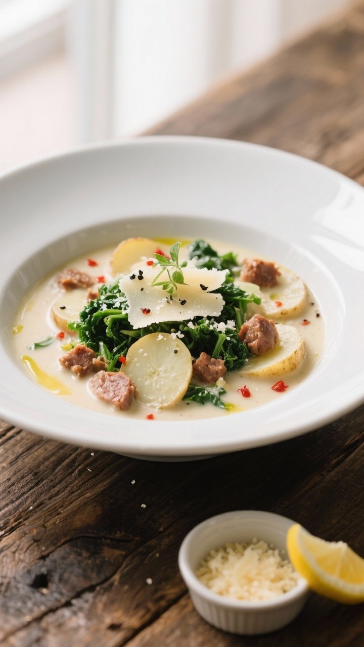 Final dish — Restaurant-quality bowl: Beautifully plated Zuppa Toscana in a wide white bowl, velve