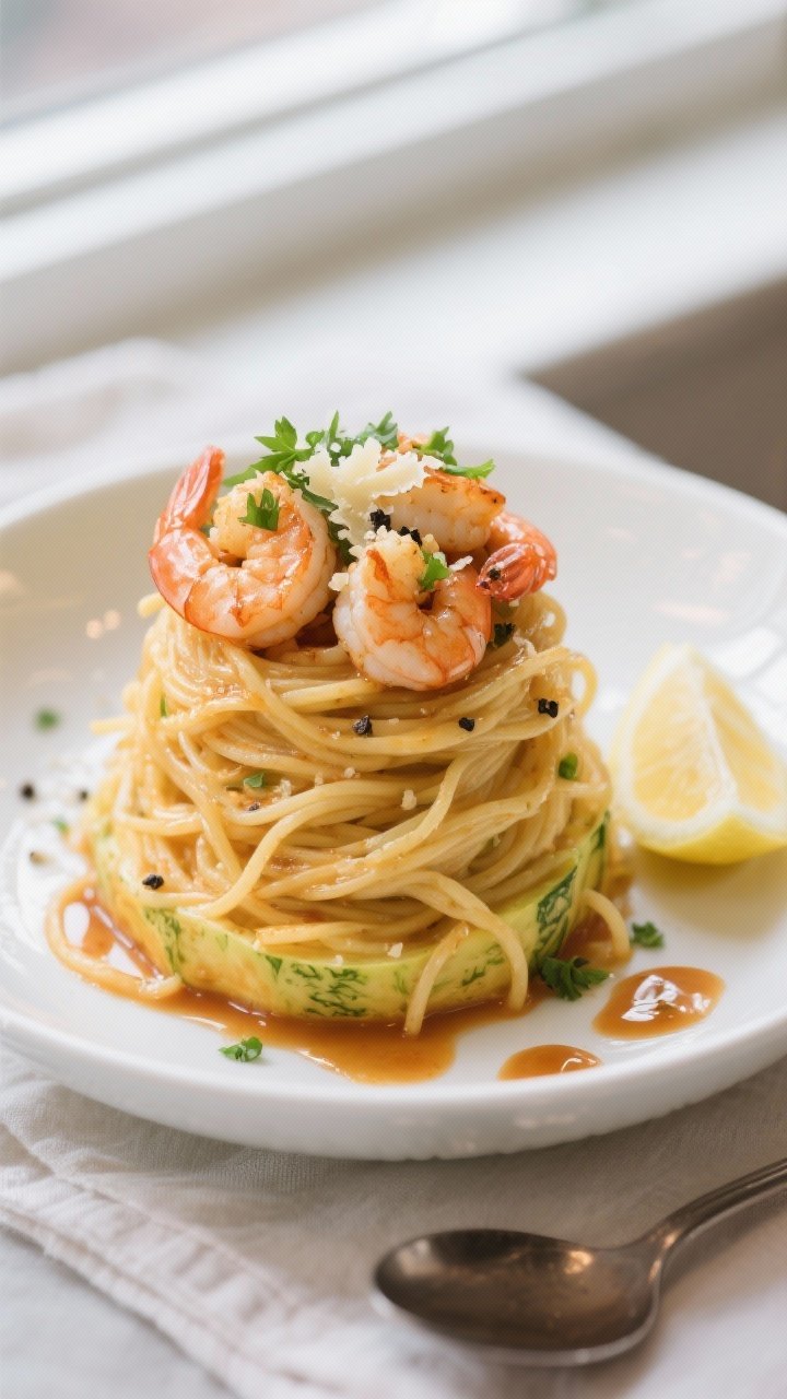 Final dish — Restaurant-quality plating: Beautifully plated Shrimp Scampi Spaghetti Squash twirled