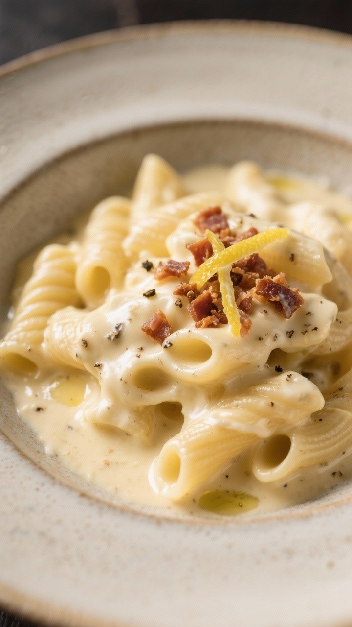 Final dish, restaurant-quality presentation: Close-up plated cavatappi in four-cheese sauce, ultra-c