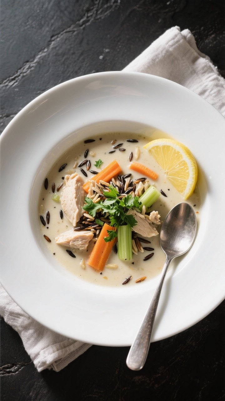 Final dish, tasty top view: Overhead shot of a restaurant-quality bowl of creamy chicken and wild ri