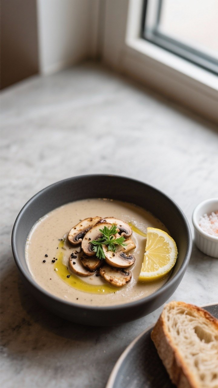 Final dish, tasty top view: Overhead shot of creamy mushroom soup in a matte charcoal bowl—silky, 
