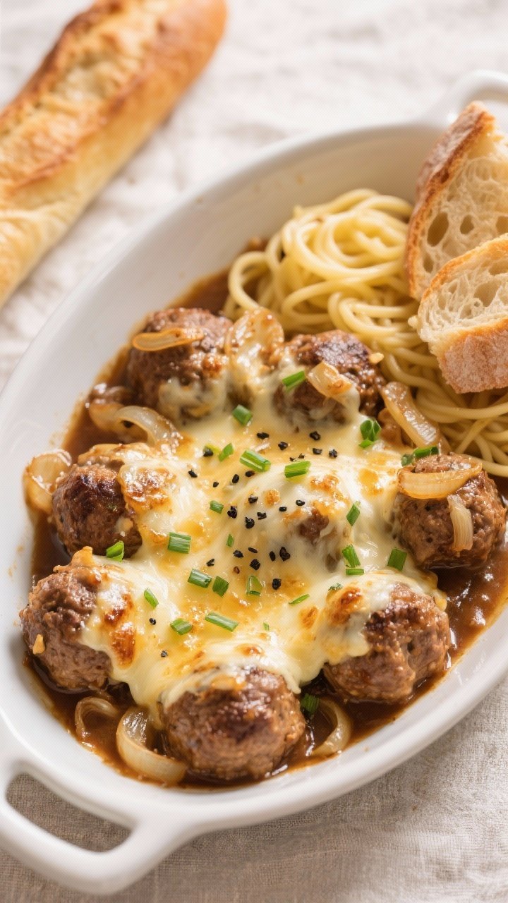 Final dish, tasty top view: Overhead shot of French Onion Meatballs in a shallow white casserole, bl