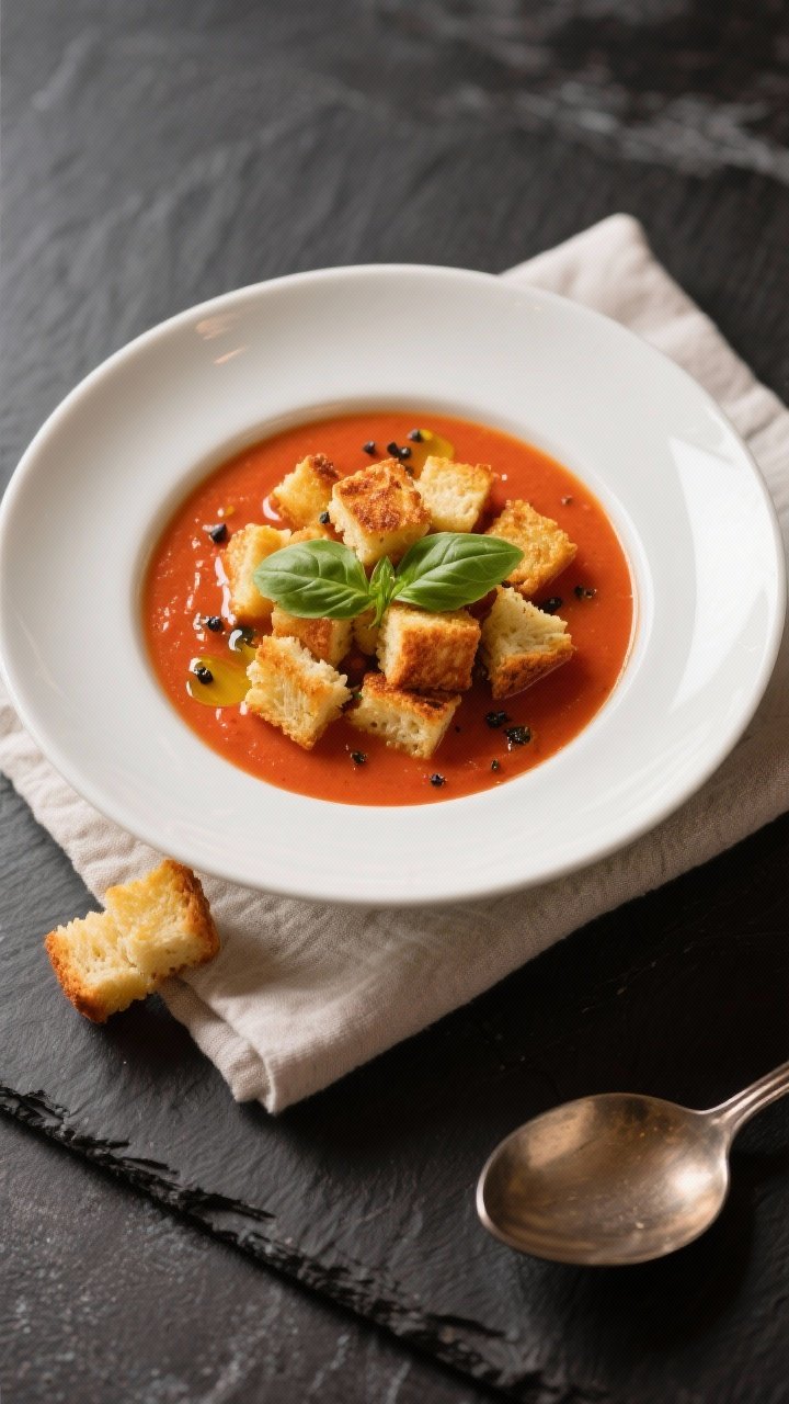 Final dish top view: Bowl of finished tomato basil soup, ultra-smooth and glossy with a rich red-ora