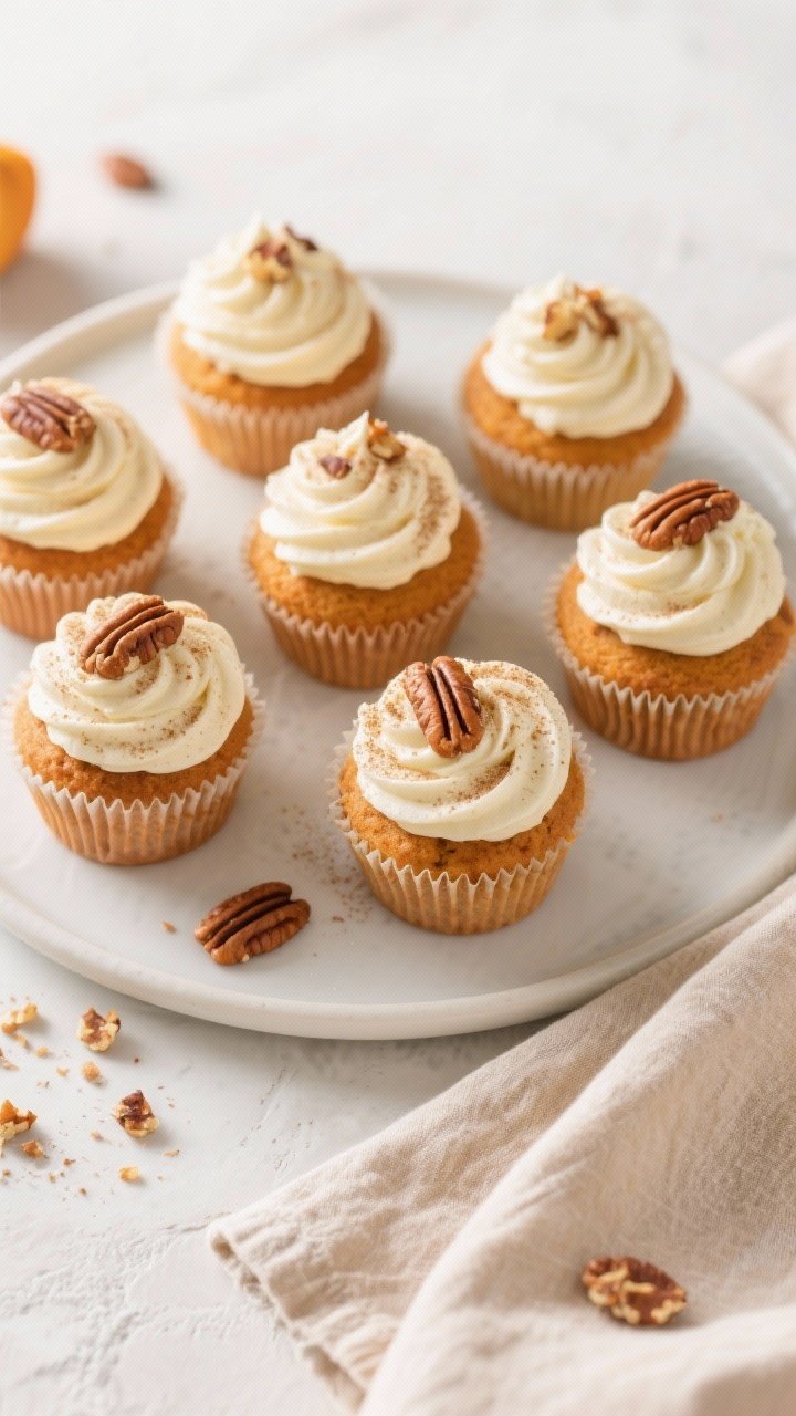 Final dish top view: Overhead shot of a bakery-style arrangement of pumpkin cupcakes on a matte whit
