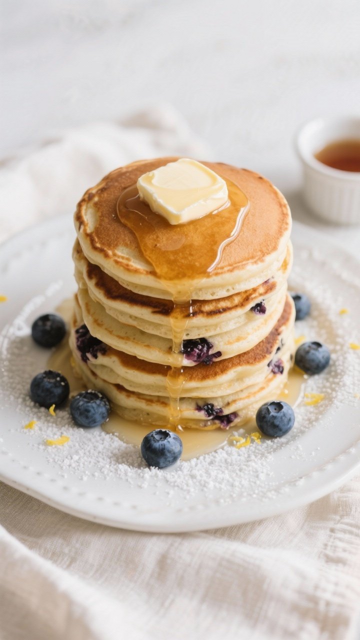 Final dish top view: Overhead shot of a tall stack of blueberry buttermilk pancakes on a white ceram