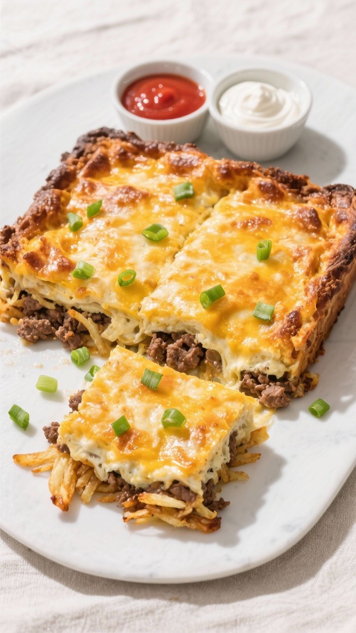 Final dish top view: Overhead shot of the fully baked Ground Beef Hashbrown Breakfast Casserole with