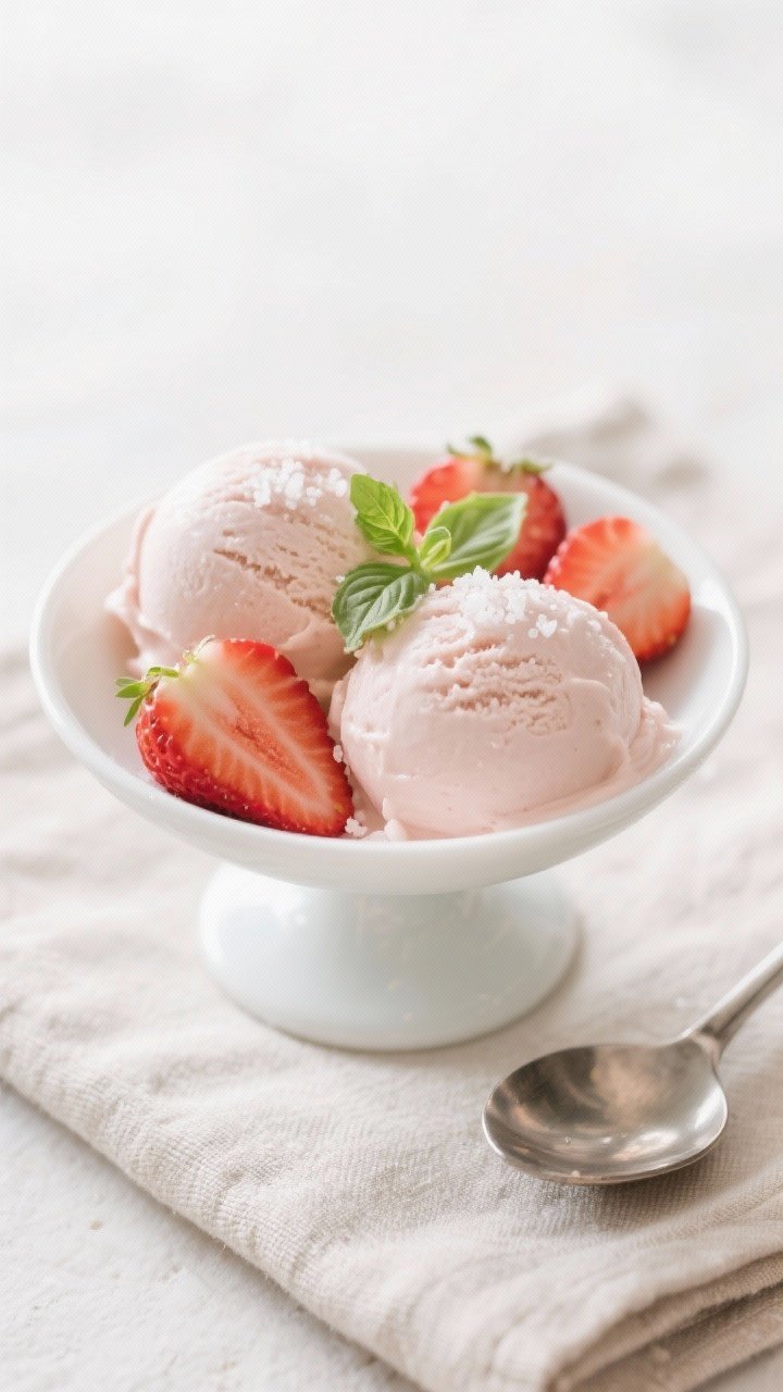 Final dish: Two perfectly round scoops of Healthy Strawberry Frozen Yogurt in a chilled white coupe 