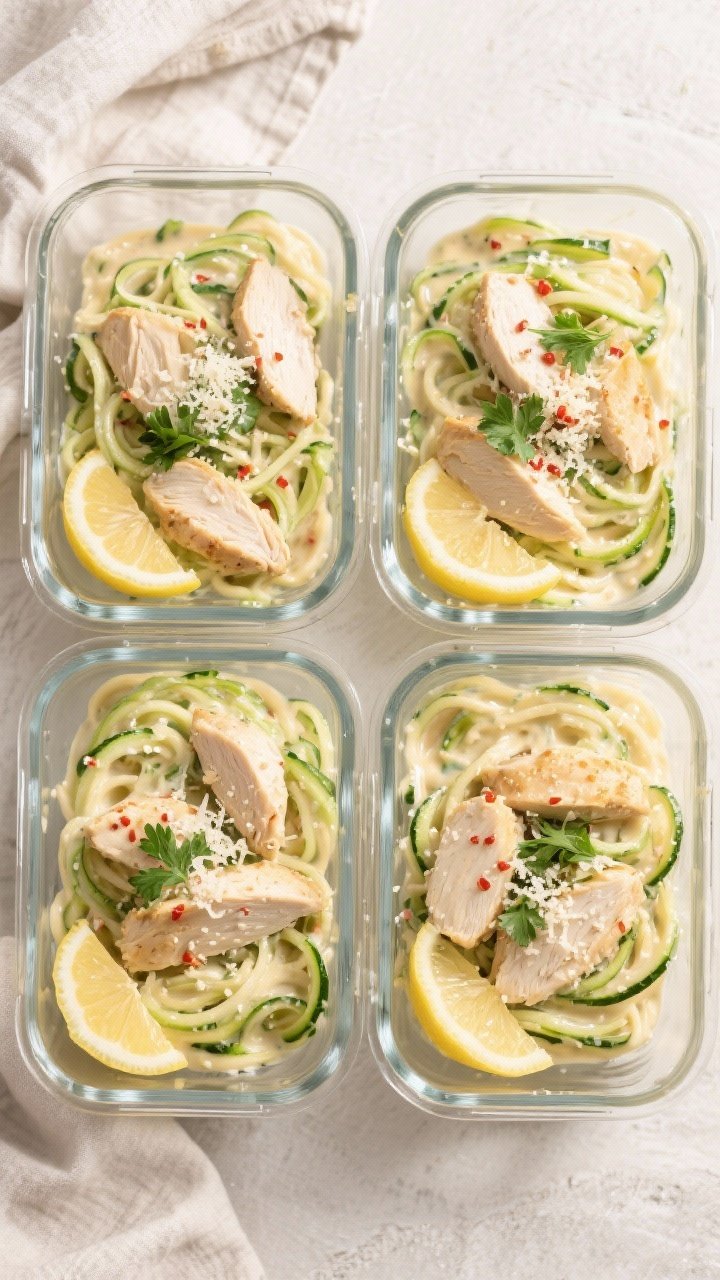 Final meal prep presentation: Restaurant-quality of four glass meal-prep containers filled with Chic