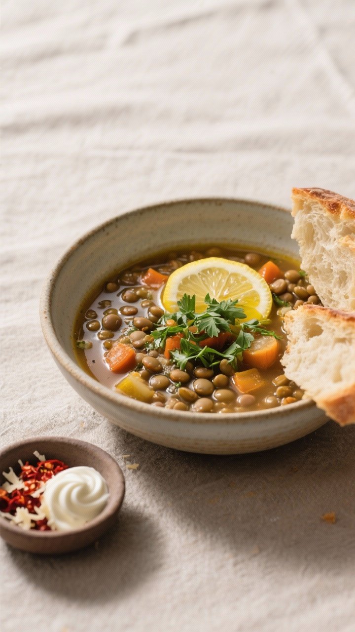 Final plated beauty: Bowl of vegetable lentil soup finished with a squeeze of lemon and seasoned to 