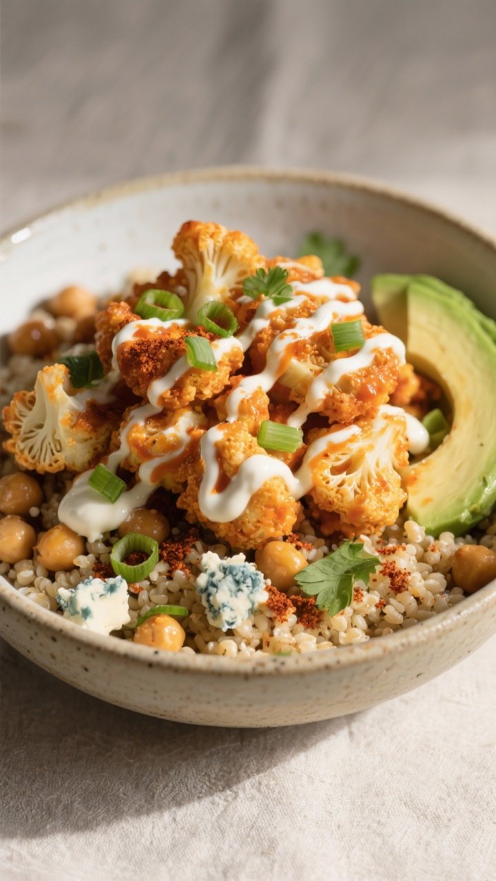 Final plated beauty: Restaurant-quality bowl of Buffalo Cauliflower Bowl assembled to serve—warm q
