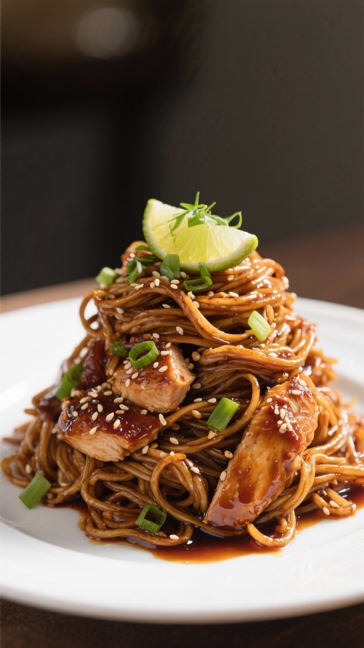 Final plated beauty: Restaurant-quality presentation of Sticky Garlic Chicken Noodles twirled into a