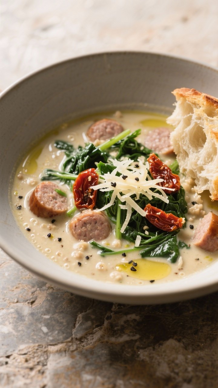 Final plated beauty shot, three-quarter angle: Ladled bowl of Creamy Tuscan Sausage Soup with visibl