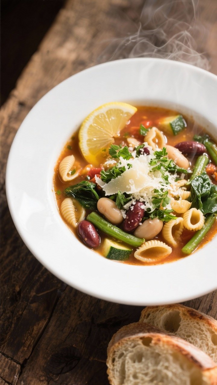 Final plated bowl, : Beautifully plated Healthy Minestrone Soup in a white shallow bowl, brothy and 