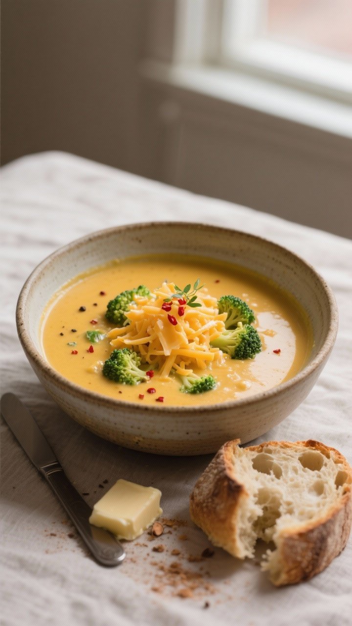 Final plated bowl, cozy rustic style: A deep ceramic bowl filled with thick, creamy broccoli cheddar