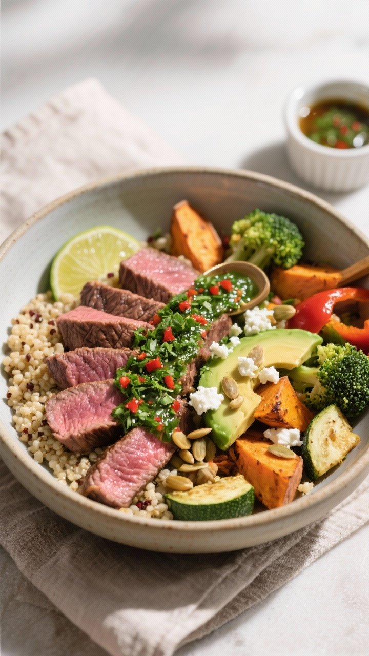 Final plated bowl, restaurant-quality presentation: Steak and Roasted Veggie Bowl assembled in a wid