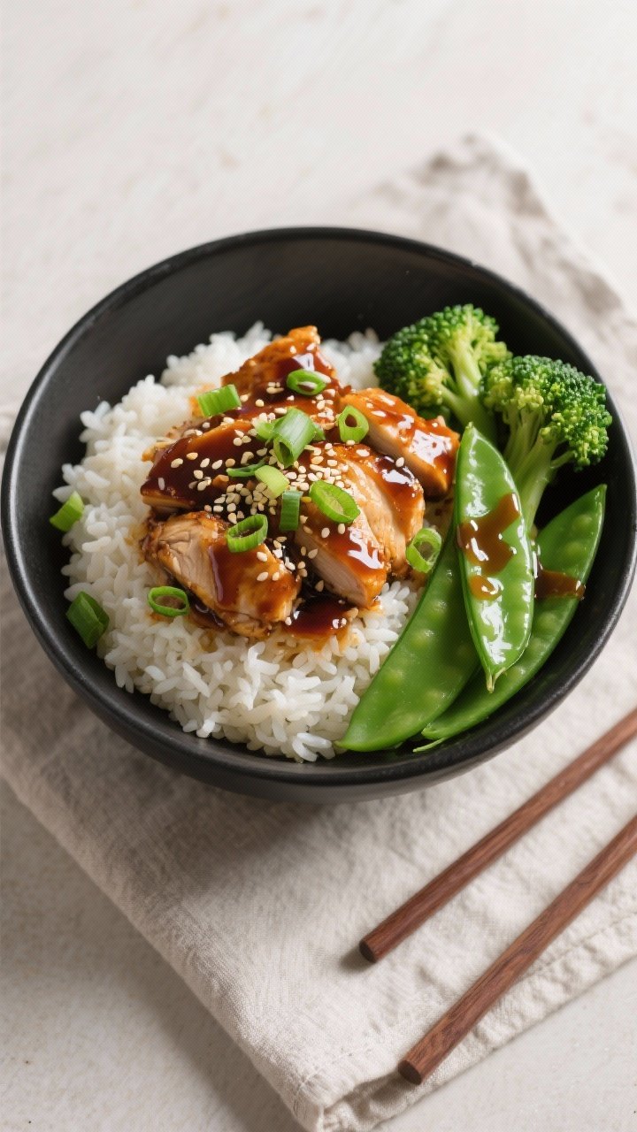 Final plated bowl: Restaurant-quality teriyaki chicken bowl, overhead top-down shot—mound of jasmi
