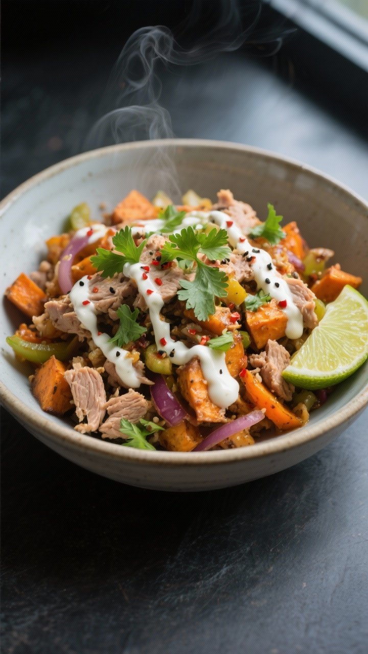 Final plated bowl: Turkey and sweet potato power bowl, neatly composed in a wide low ceramic bowl; c